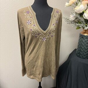 Roper Olive Boho Embroidered V-Neck Long Sleeve Top Western Festival XL